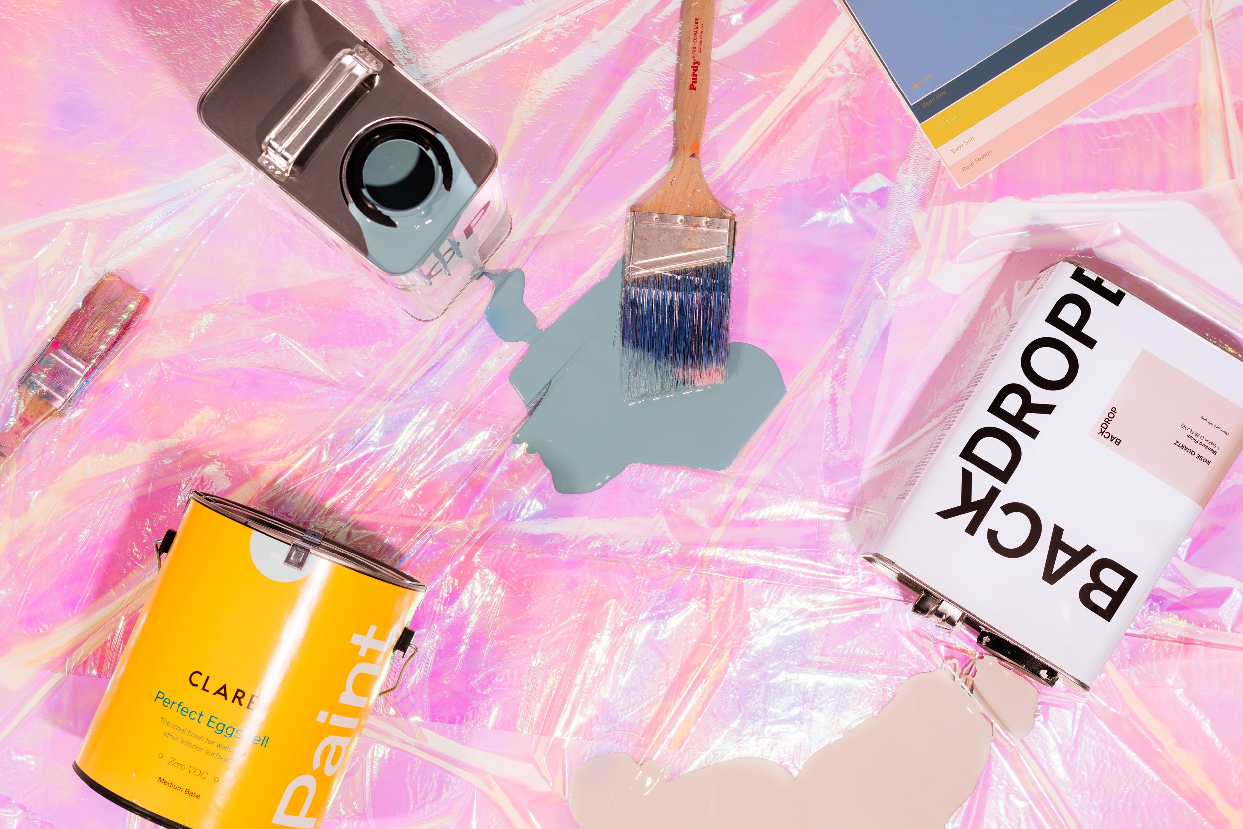 paint cans, drop cloth