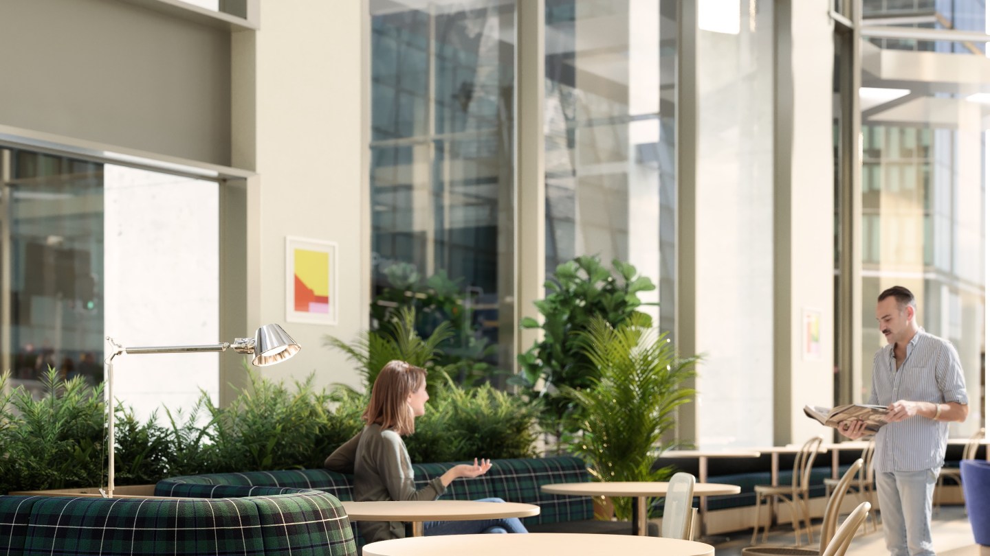 Rendering of common area near entrance in 30 Churchill Place