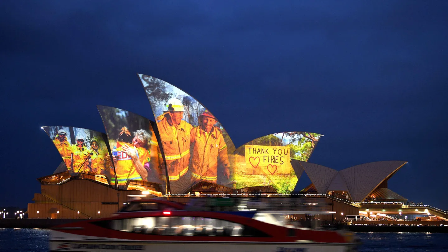 Sydney Opera House were lit on January 11, 2020 with images expressing gratitude to firefighters and volunteers involved in relief efforts.