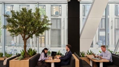 people working in a WeWork workspace with comfortable seating and green decor