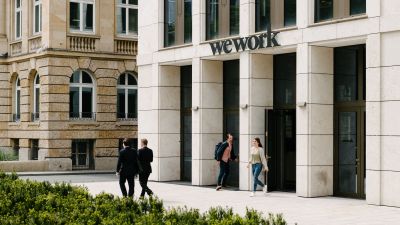 WeWork brand logo on a building in Frankfurt