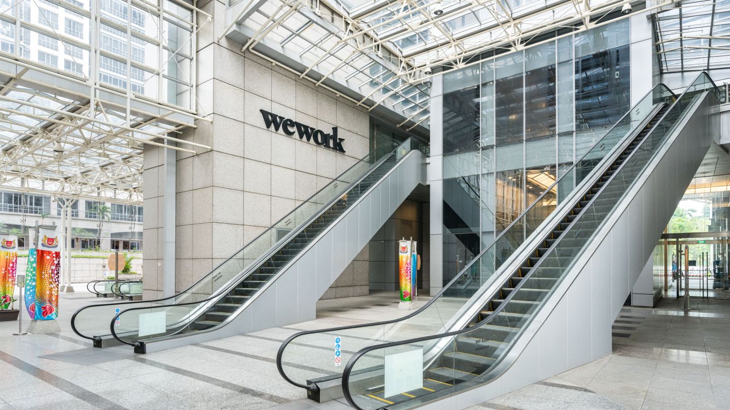 WeWork brand logo inside a building