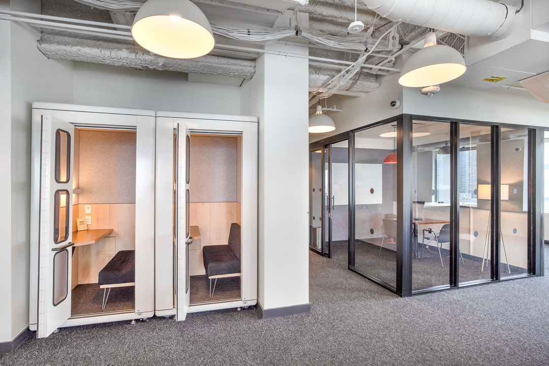 WeWork phone booths and meeting rooms