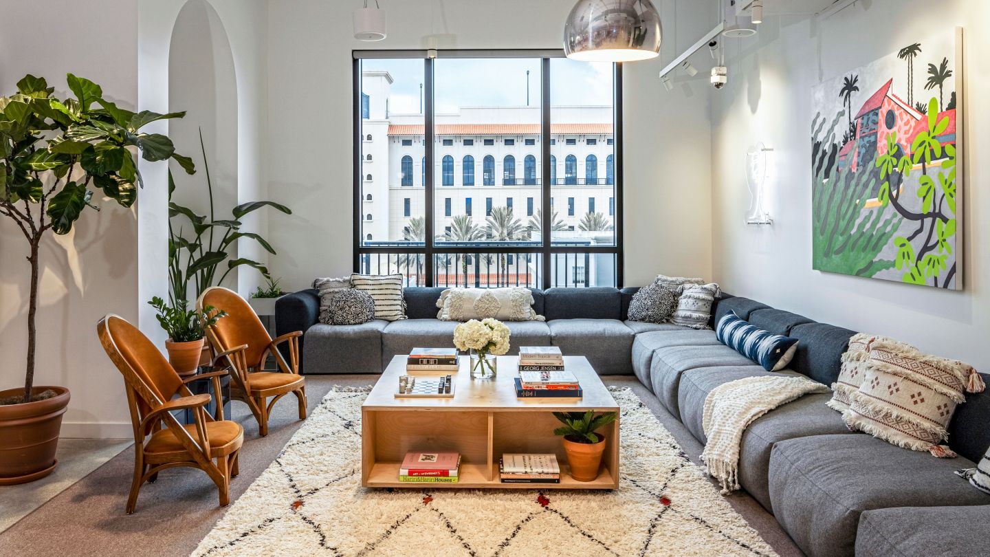 shared lounge at WeWork Giralda Place in Coral Gables