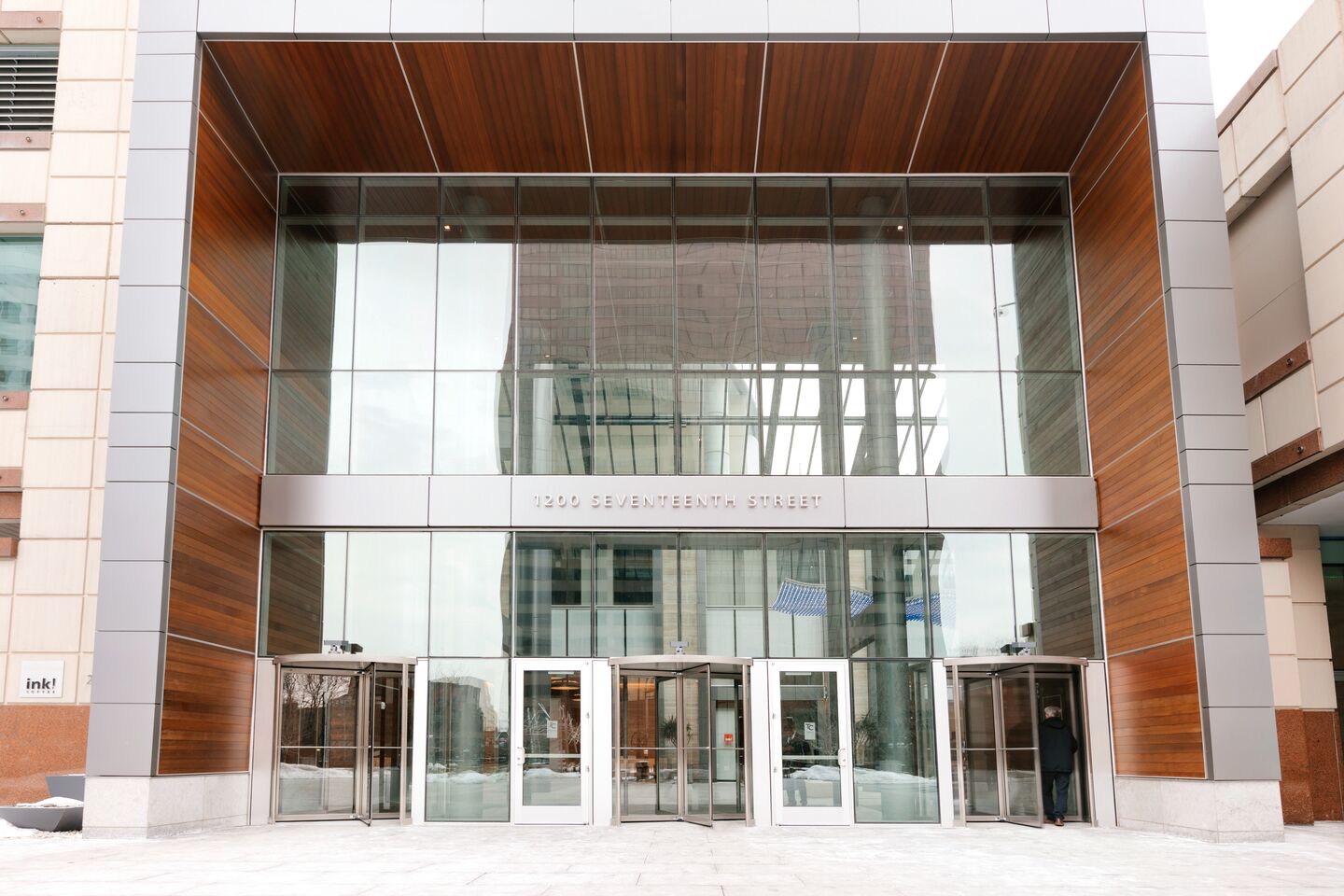 The entrance to Tabor Center, seen from outside.
