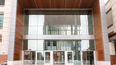 The entrance to Tabor Center, seen from outside.