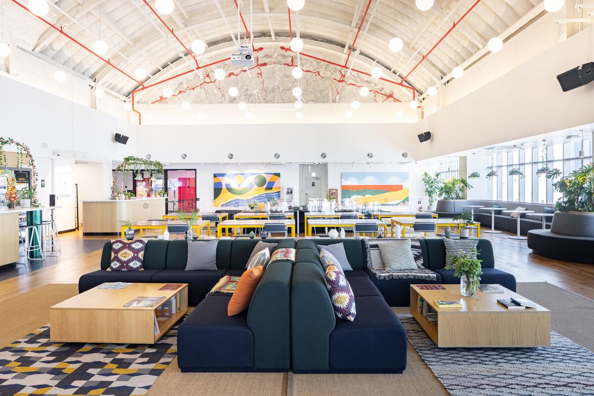 A lounge area in a coworking space.