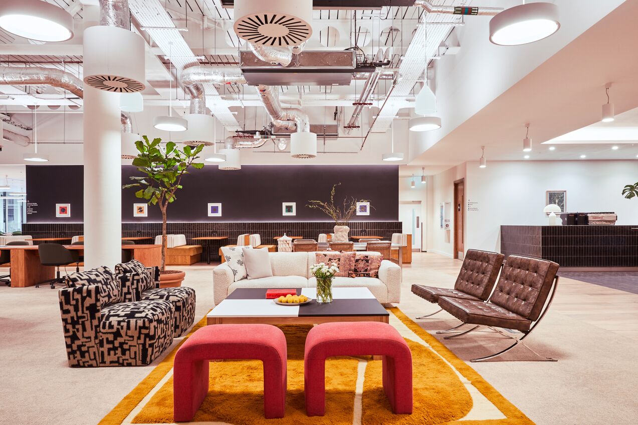 The interior shared coworking area at Moor Place.