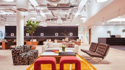 The interior shared coworking area at Moor Place.