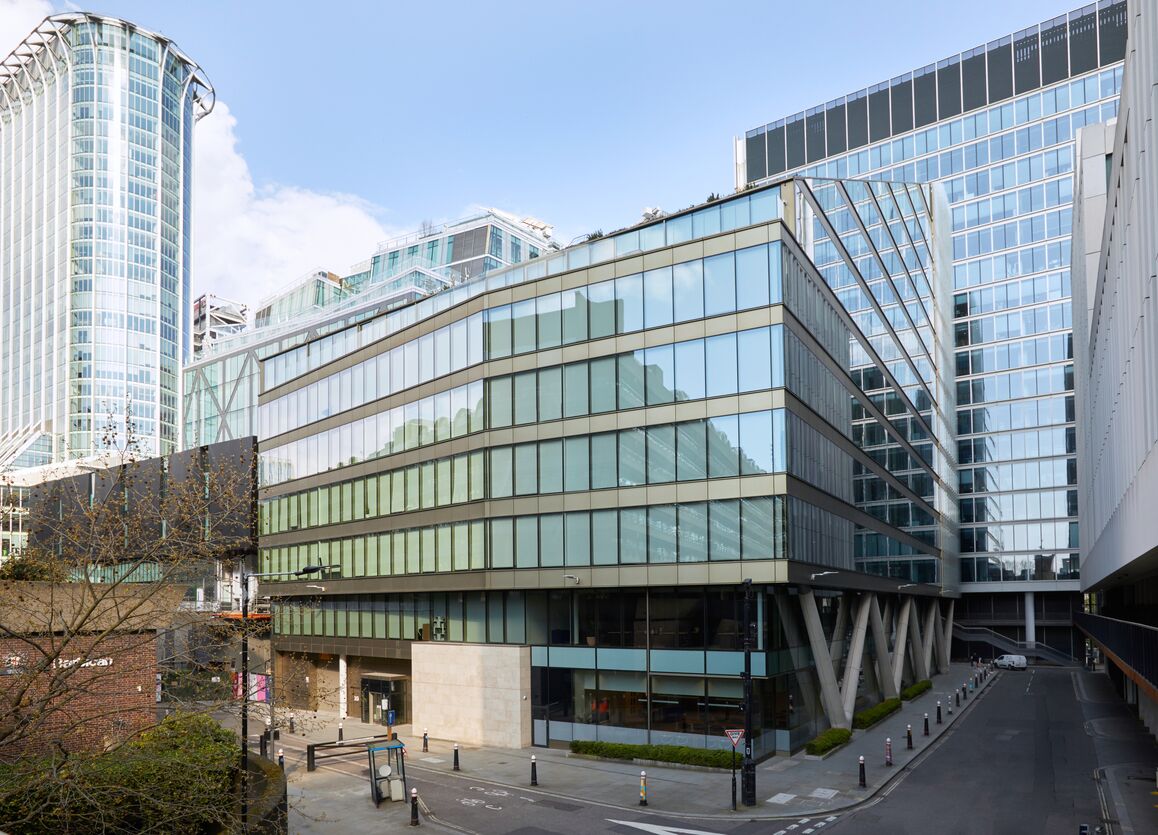The glass building that is Moor Place, from outside.